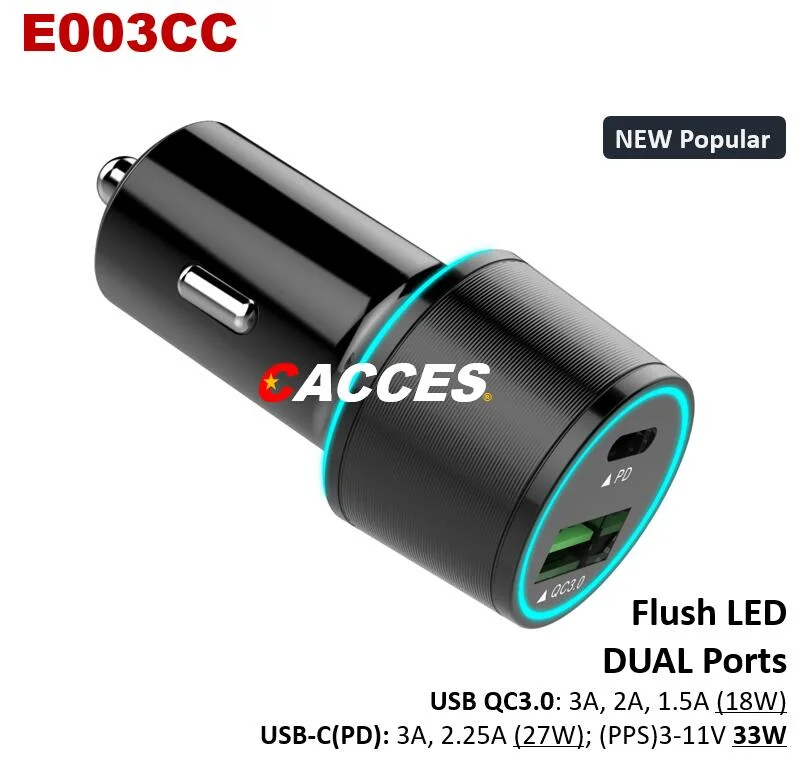 Cacces USB18W 36W QC3.0 Pd/Type C 27W Quick LED Car Charger 12-24V 3.0A Dual CE/Rosh/FCC USB Charger Quick Charge Mobile Phone Charger Cigarette Lighter Socket