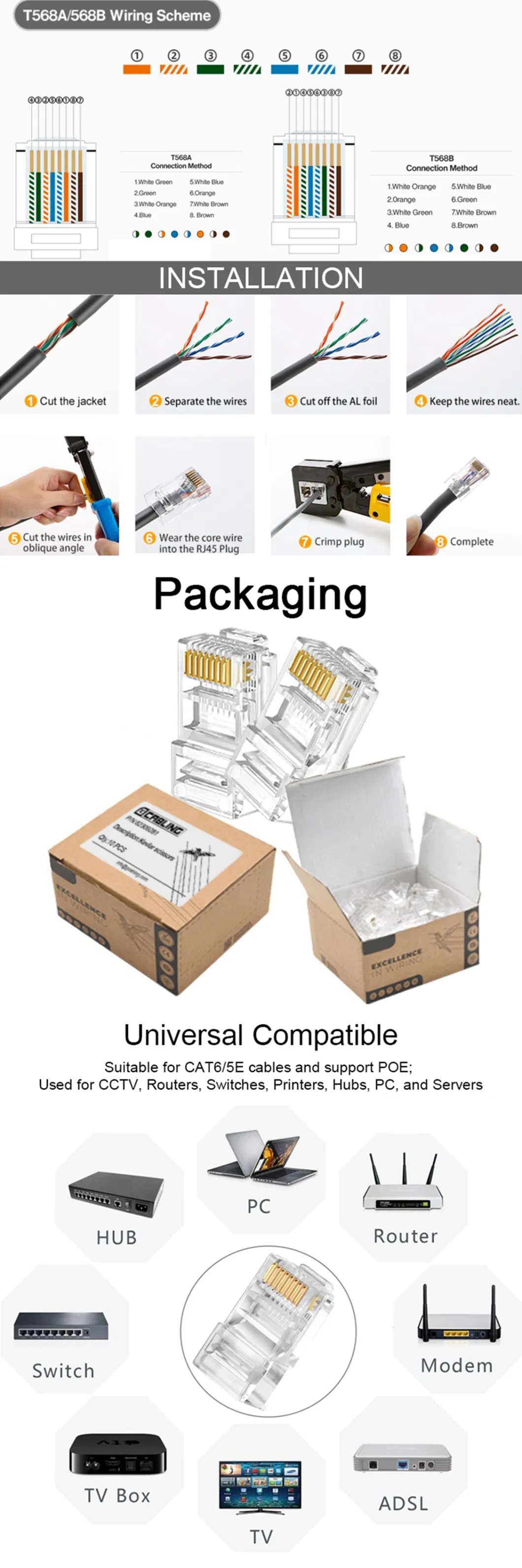 Gcabling UTP 8p8c RJ45 CAT6 CAT6A Unshield Networking Connection Cat5e RJ45 Ethernet Modular Plug