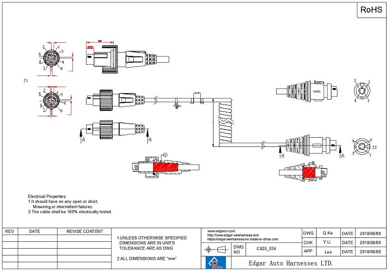 Power Mini DIN 4 Pin Female to Power Mini DIN 4 Pin Male Over Molding Spiral Coiled Wire Cable