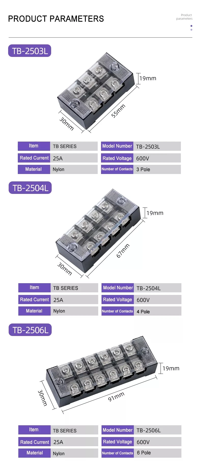 Fixed Type 15A 25A 45A 60A 100A Tb Series 600V Panel Mounted Fence Terminal Blocks Wire Connectors