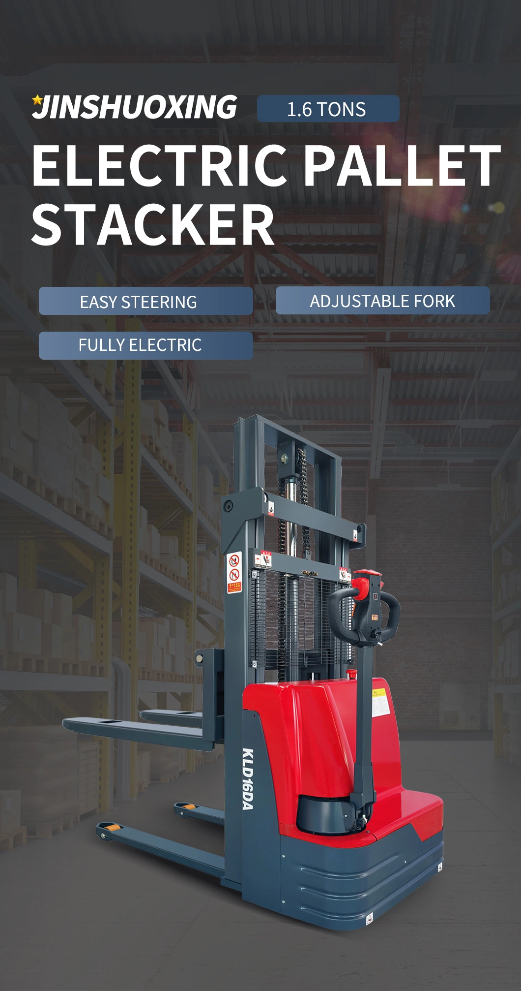 1.6t 3.5m Hydraulic Full Electric Pallet Stacker Electric Stacking Vehicles