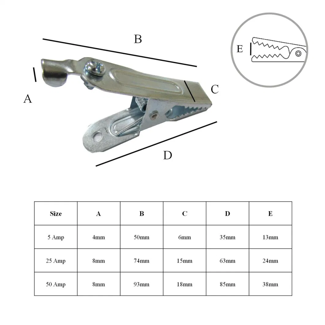 50 AMP 95mm Length Ebay/Amazon Hot Selling Non-Insulated Zinc Plating Crocodile Mild Steel Auto Car Battery Clip Electric Cable Alligator Clamps with Screw