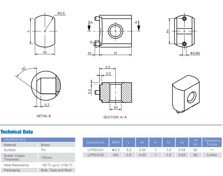 SMT PCB Screw M3 M4 M5 Terminal Block Nuts PCB Connector and Automotive Part for Battery and Industry Part