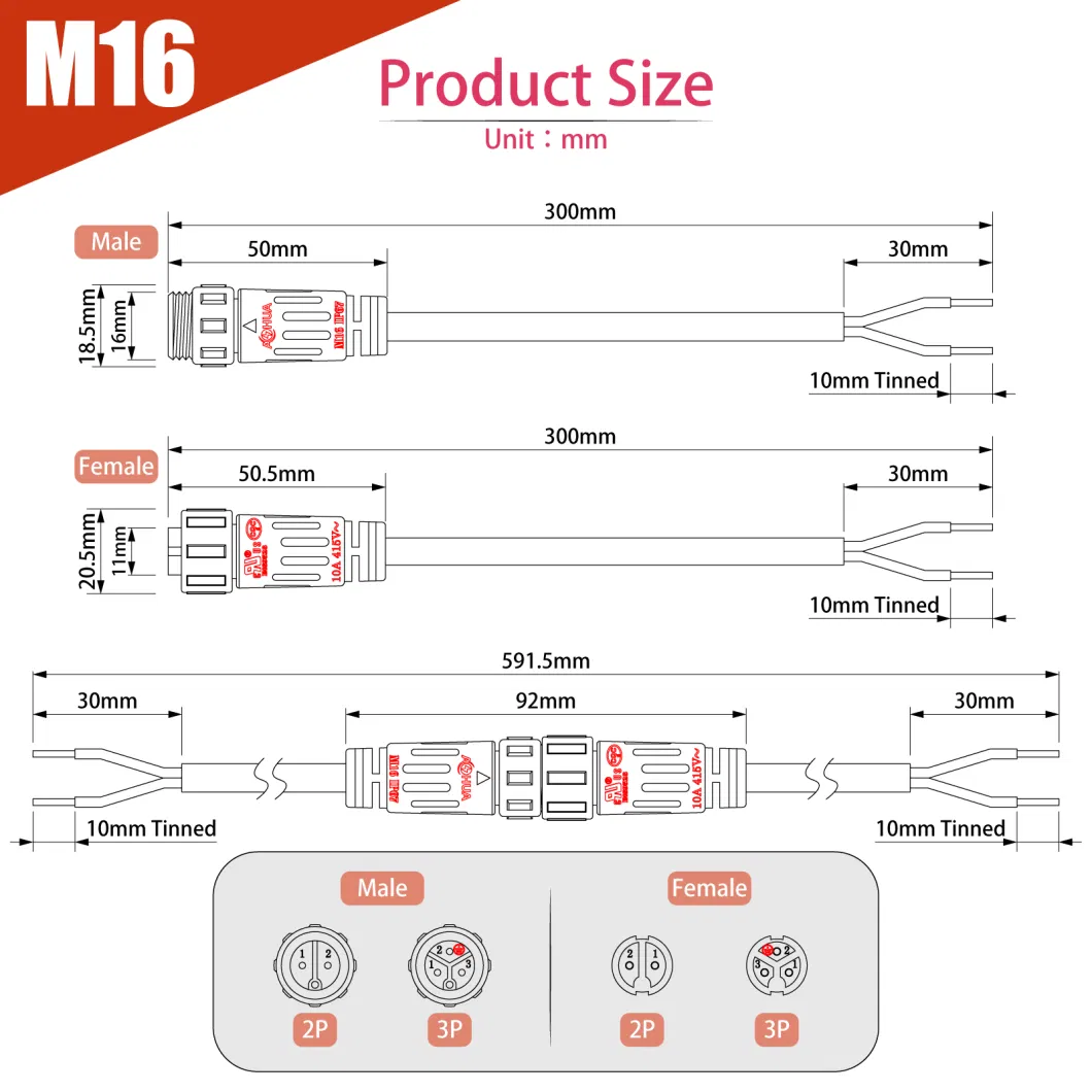 Cable Connector Supplier IP67 Male Female Plug/Socket/Jack/Receptacle with Electric Wire Connector for LED Solar Streetlight M16 3pin Waterproof Connector