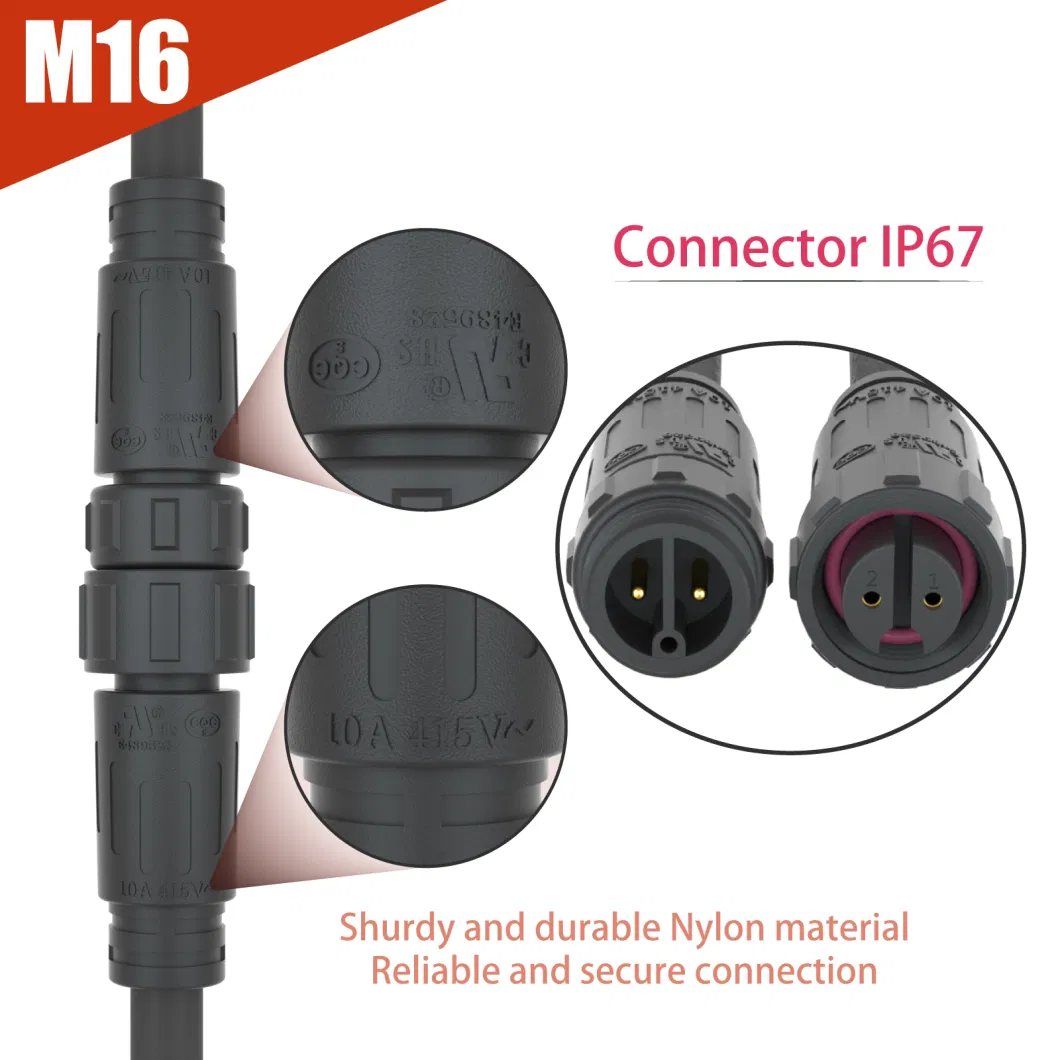 Aohua IP67 Nylon PA66 M16 Circular Male Female Electrical Plug with 1.0mm Sqm Cable 2pin LED Connector for Plant Grow Light