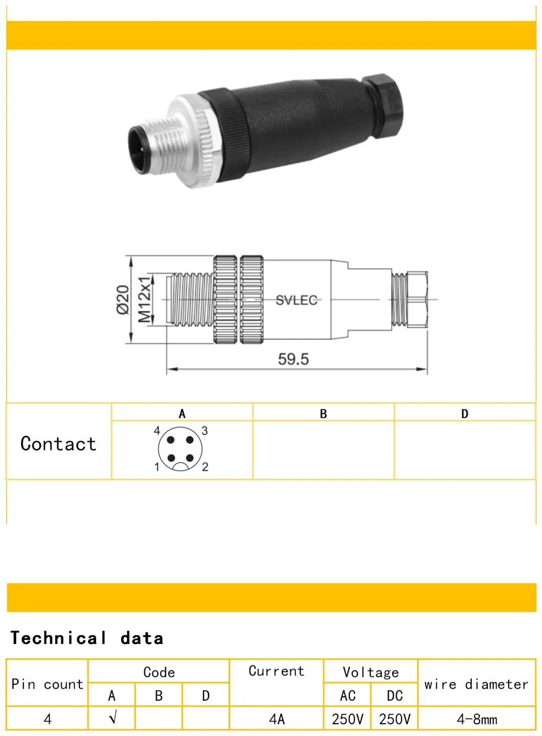 M12 a Code Connector Male Straight 4 Pin for Sensor