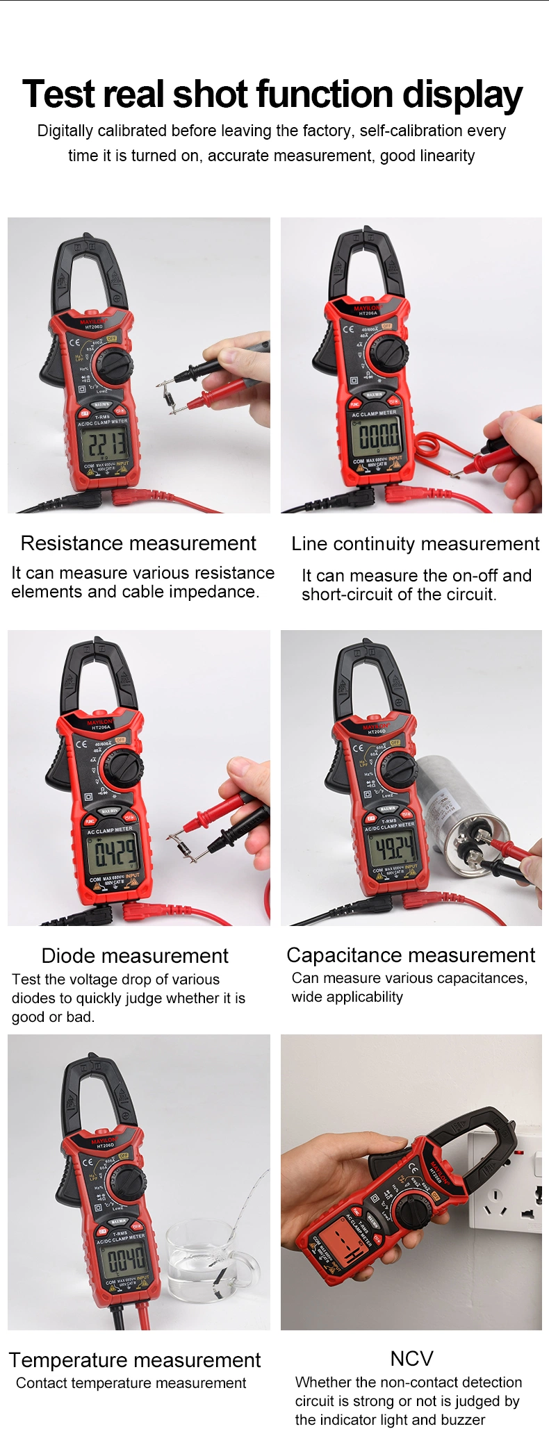 Ht206 AC DC Digital Clamp Meter Multimeter Capacitance Ncv Ohm Hz Tester