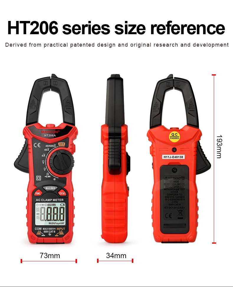 Ht206 AC DC Digital Clamp Meter Multimeter Capacitance Ncv Ohm Hz Tester