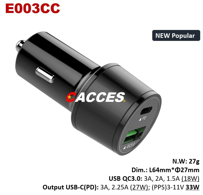 Cacces USB18W 36W QC3.0 Pd/Type C 27W Quick LED Car Charger 12-24V 3.0A Dual CE/Rosh/FCC USB Charger Quick Charge Mobile Phone Charger Cigarette Lighter Socket
