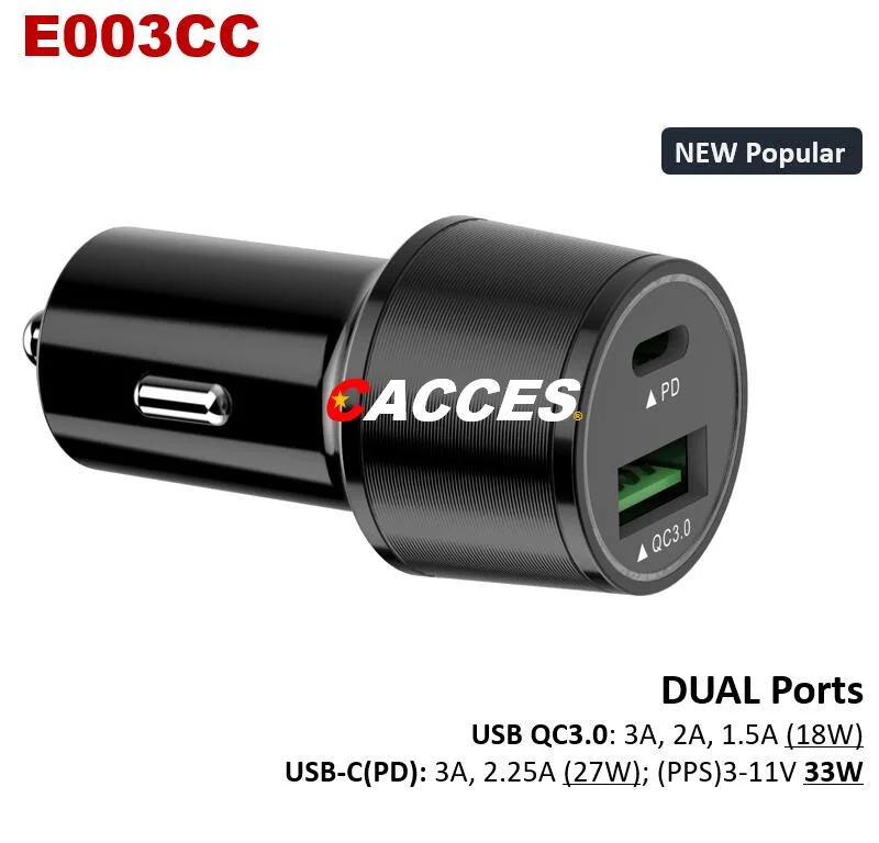 Cacces USB18W 36W QC3.0 Pd/Type C 27W Quick LED Car Charger 12-24V 3.0A Dual CE/Rosh/FCC USB Charger Quick Charge Mobile Phone Charger Cigarette Lighter Socket