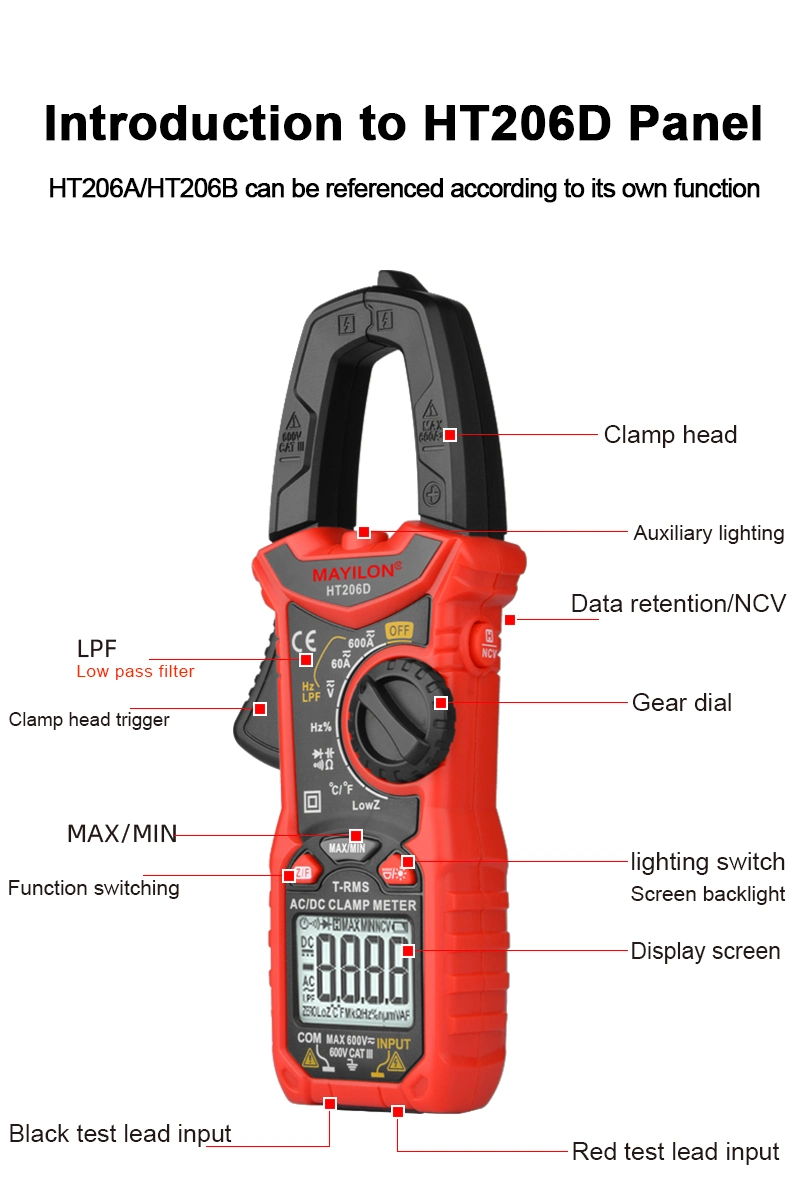 Ht206 AC DC Digital Clamp Meter Multimeter Capacitance Ncv Ohm Hz Tester