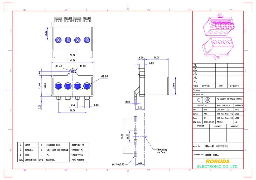 Bt4-40 (BT04-004A) 4 Position Barrier Terminal Block