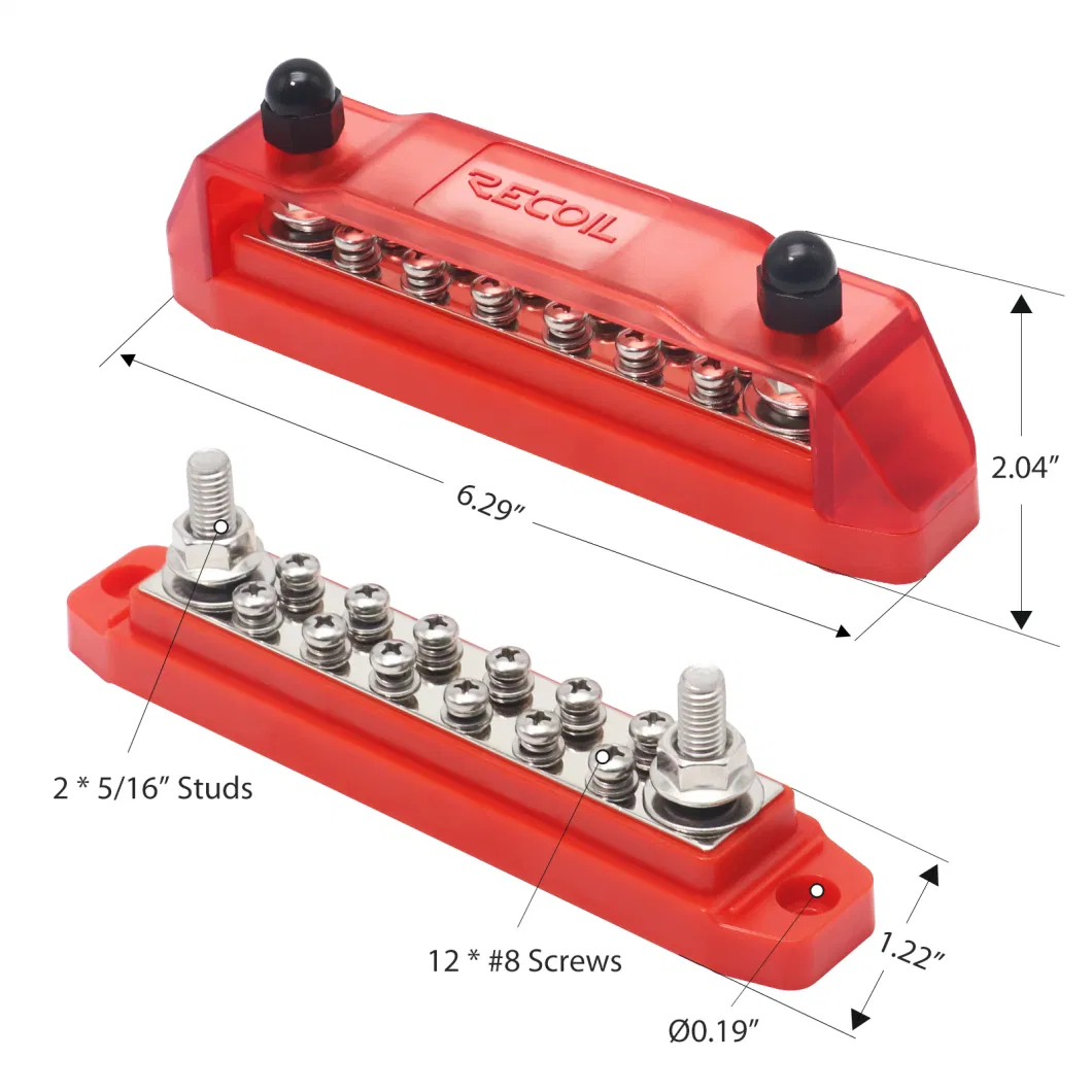 Edge Bb212p Busbar 2 X 5/16&rdquor; Studs and 12 X #8 Screw Terminals Power Distribution Block with Ring Terminals (Pair Red &amp; Black)
