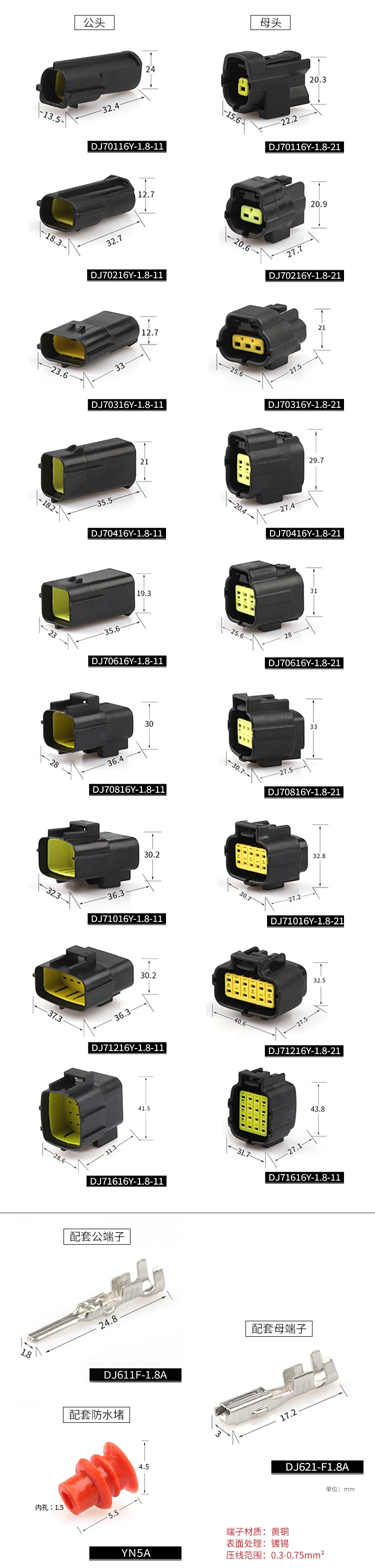 AMP/Tyco Automobile Waterproof Connector Male and Female Butt Waterproof Plug Automobile Wiring Harness Plug Cable 174262-2/174264-2/174982-2/174984-2