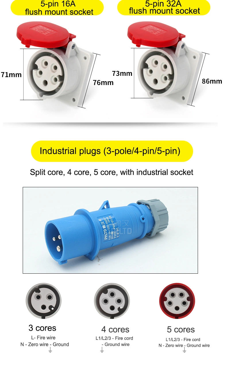 IP44 3/4/5pin Current Ampere 32A 110V 230V 400V Industrial Plug