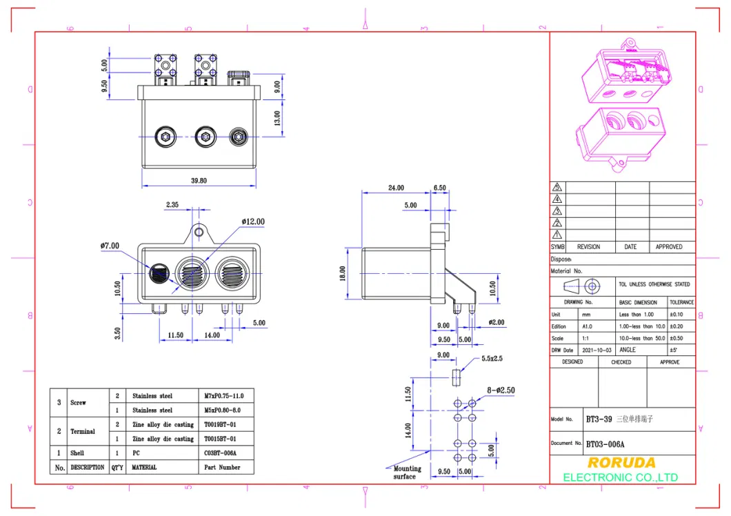 Bt3-39 (BT03-006A) 3position Terminal Block for Car Amplifier