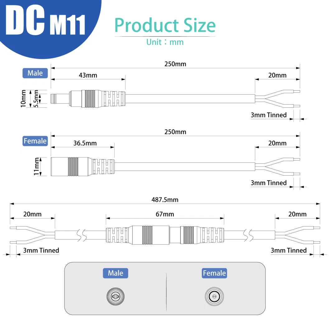 Cable Connector Aohua Supplier Sales 1in to 2out Y Type DC Connector M11 2 Pin 5.5*2.1/5.5*2.5 mm Lithium Battery DC Plug