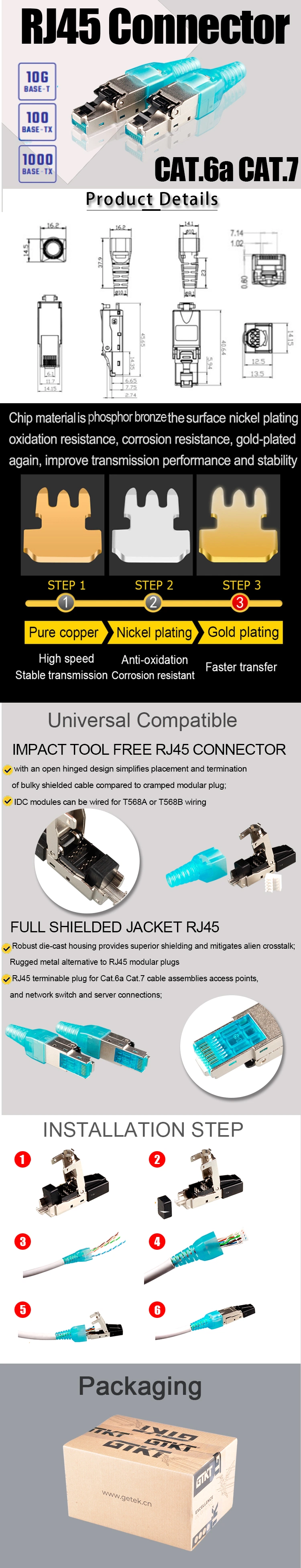 Gcabling RJ45 CAT6 CAT6A Toolless Shield Networking Connector CAT6 CAT6A Cat7 Toolless FTP 8p8c Ethernet Plug