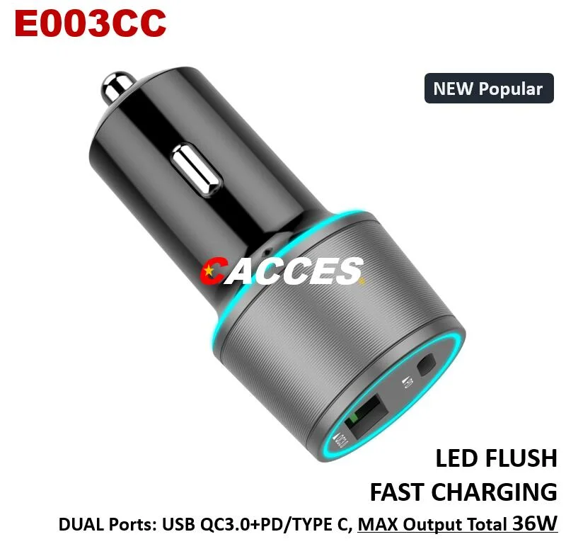 Cacces USB18W 36W QC3.0 Pd/Type C 27W Quick LED Car Charger 12-24V 3.0A Dual CE/Rosh/FCC USB Charger Quick Charge Mobile Phone Charger Cigarette Lighter Socket