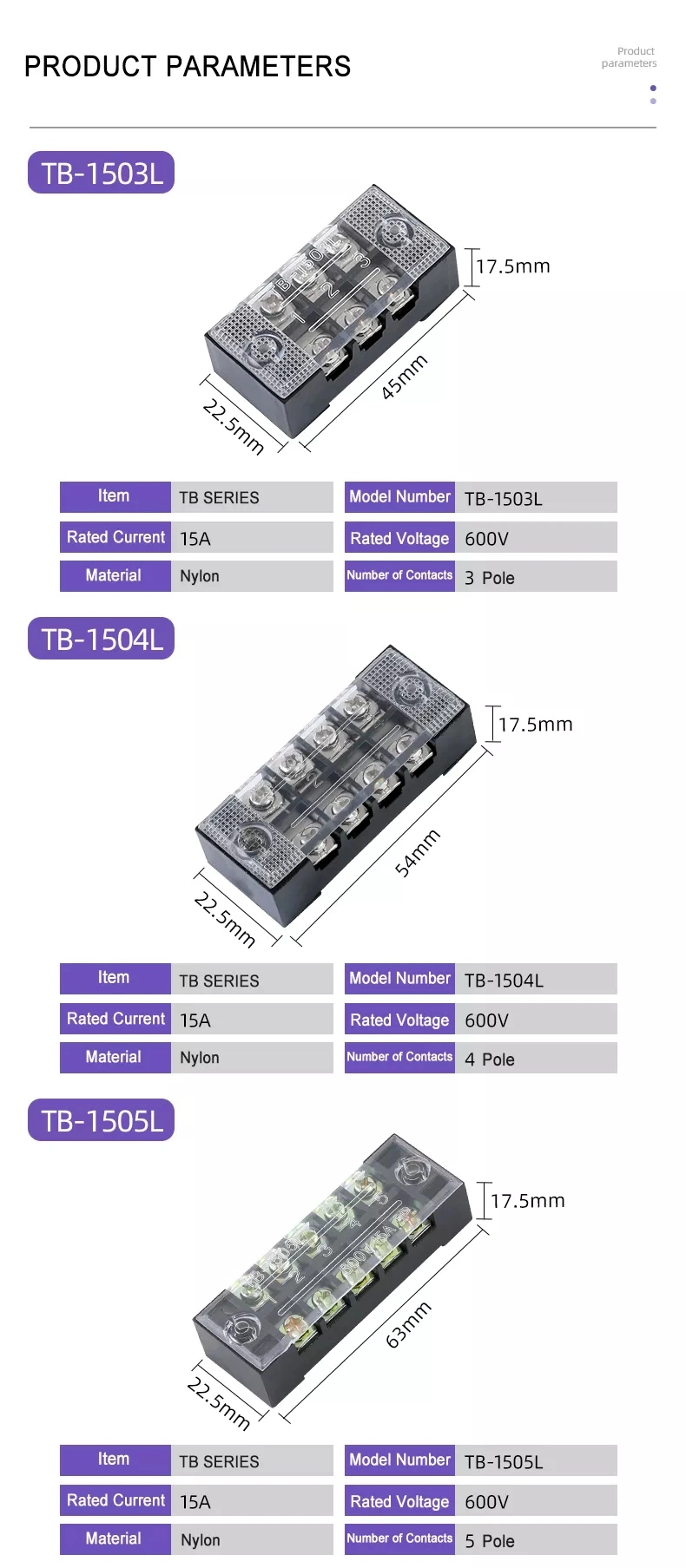 Barrier Terminal Block Tb Series Tb- 1503 1506 1510 1512 2505 2512 4506 1006 Fixed Type Terminal