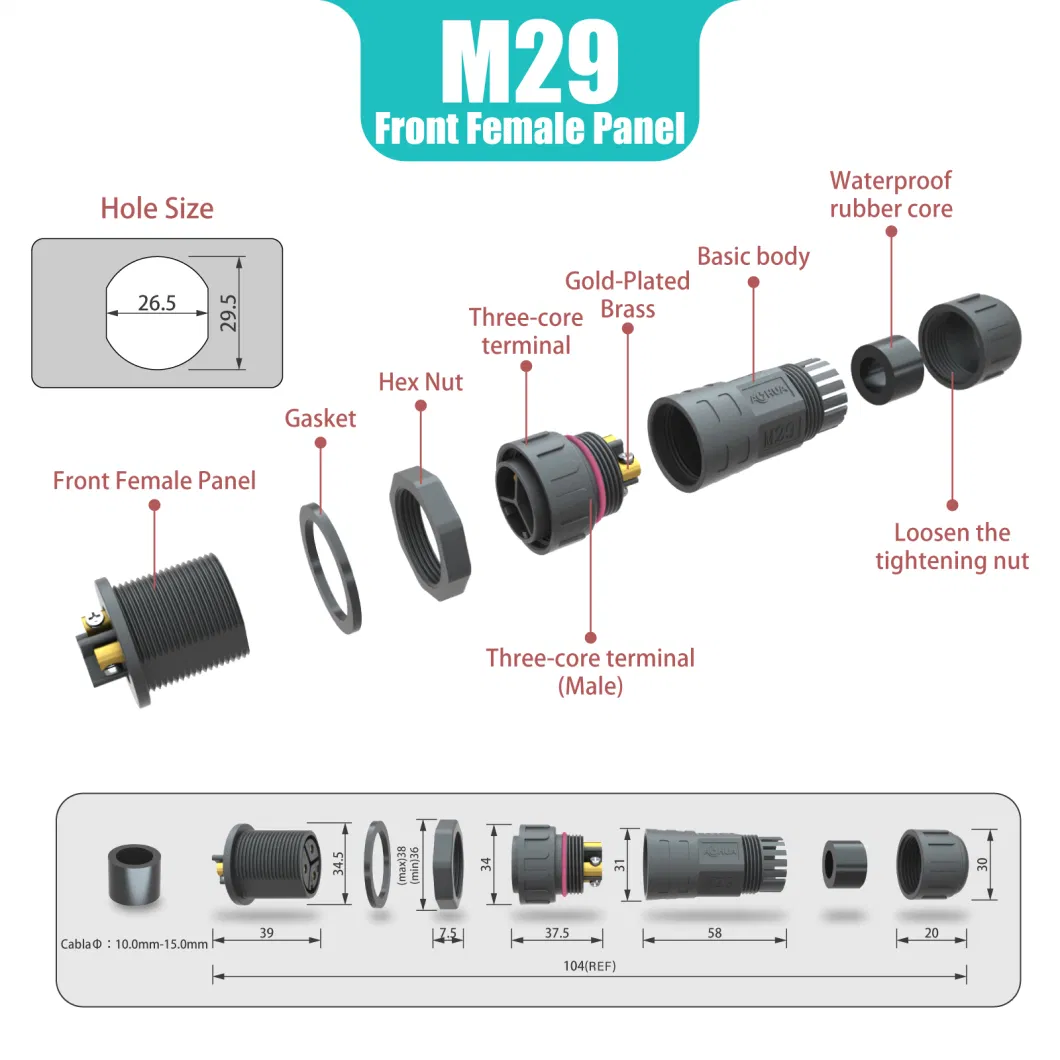 M29 3 Pin Female Panel Outdoor Electrical Light Wire IP68 Waterproof Connector