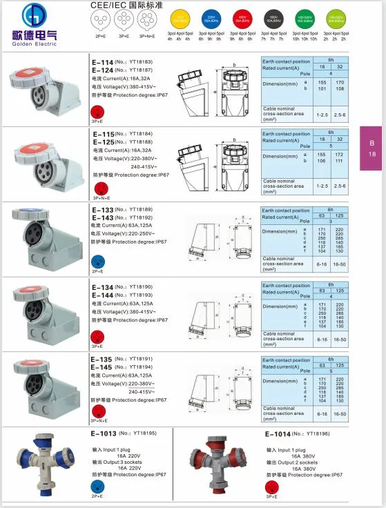 Industrial Socket Plug 16A 32A 63A 125A IP 67 New Type Male and Female with Cover Socket