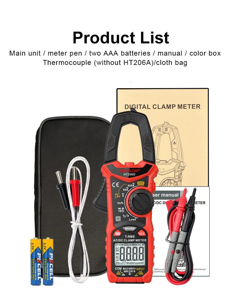 Ht206 AC DC Digital Clamp Meter Multimeter Capacitance Ncv Ohm Hz Tester