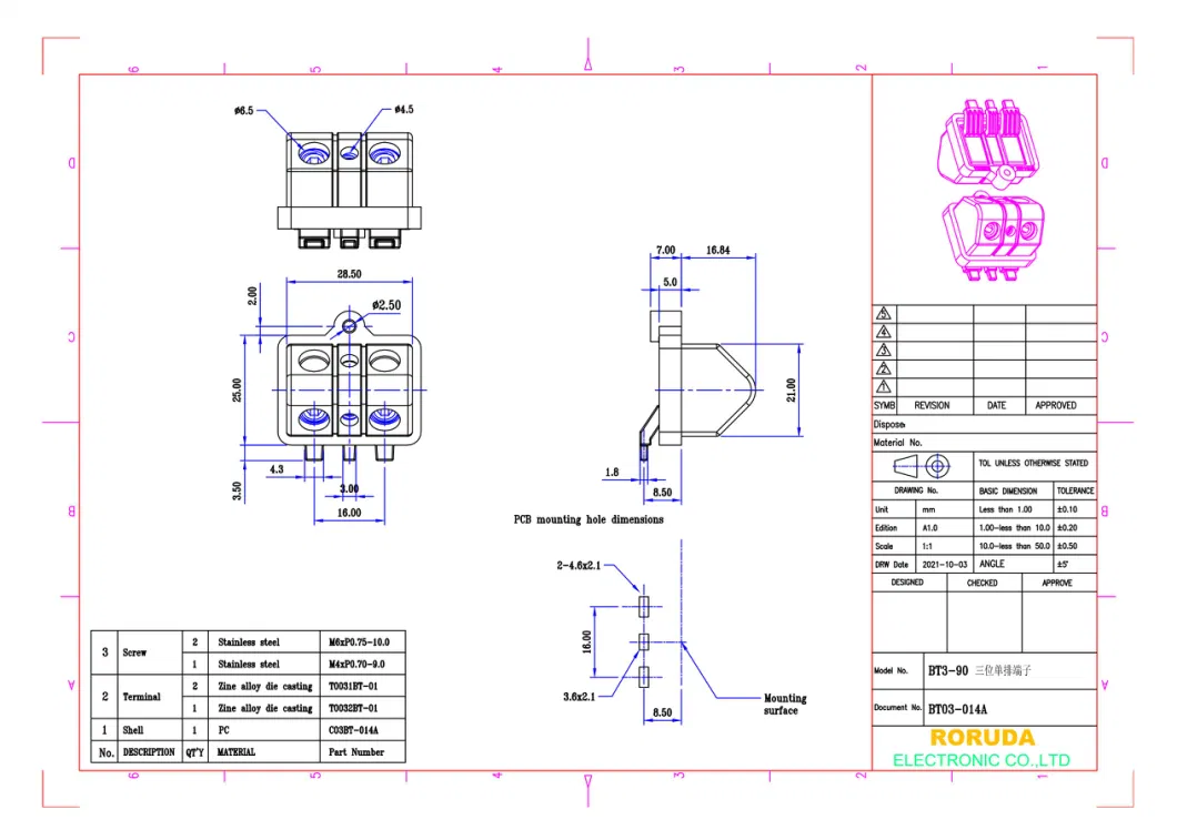 Bt3-90 (BT03-014A) 3 Position Barrier Terminal Block