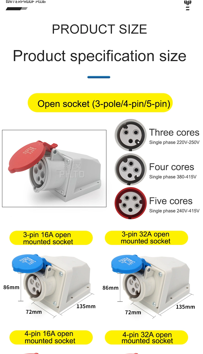 IP44 3/4/5pin Current Ampere 32A 110V 230V 400V Industrial Plug