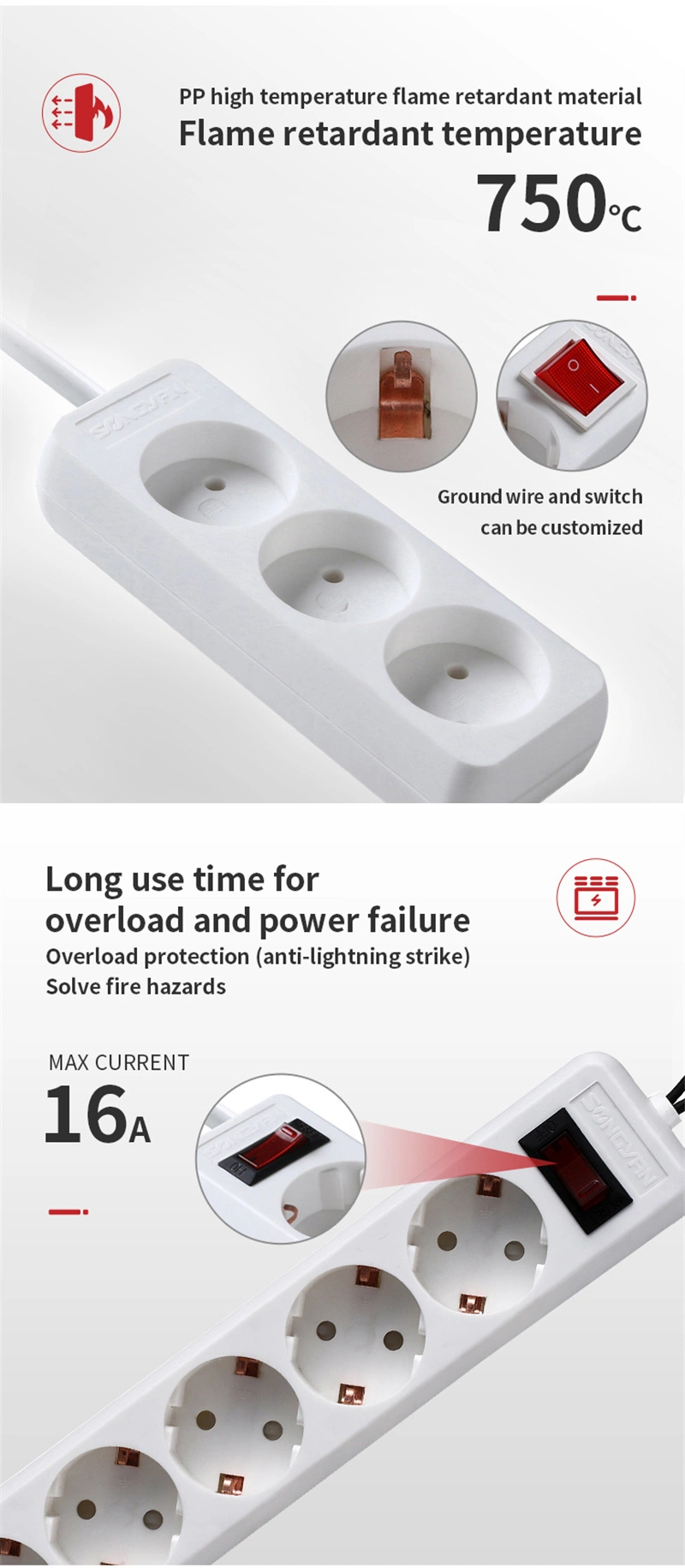 Flexible Electrical French German Multi Extension Socket