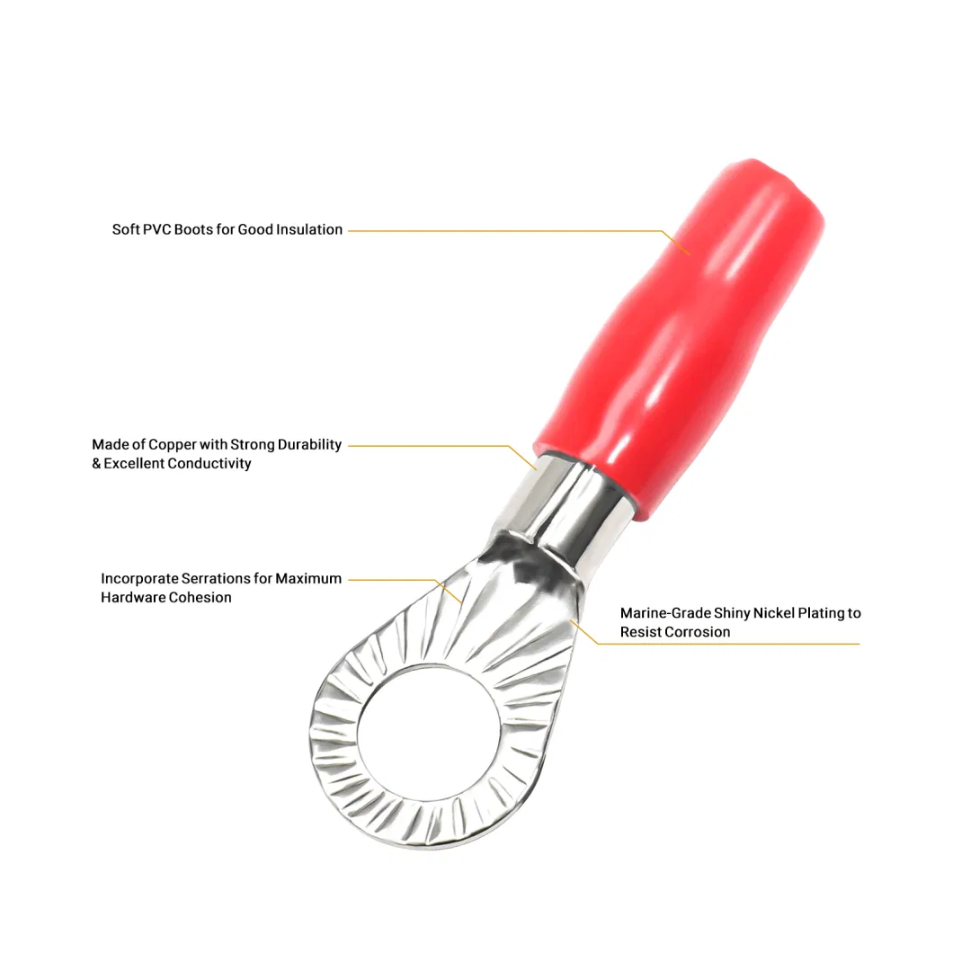 Edge Rt8516-20 20PCS 8AWG Copper Ring Terminals, 5/16&rdquor; Ring Hole, Shiny Nickel Plated Crimp Ring Terminals with 20PCS Red &amp; Black Soft Boots