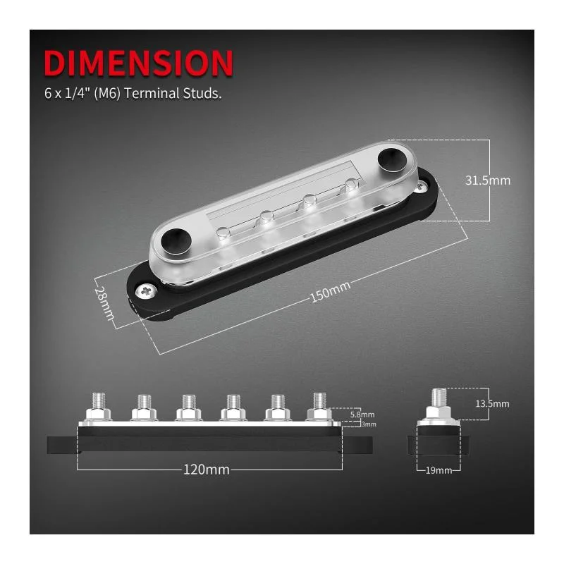 Marine 6 X 1/4&quot; (M6) 12 V Bus Bar Power Distribution Block with Cover 300V AC 48V DC Positive &amp; Negative Battery Terminal Block