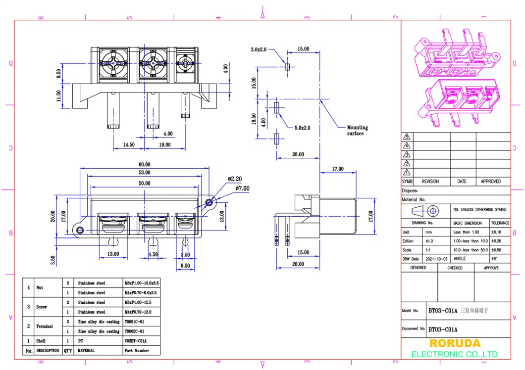 Bt03-C01A 3 Position Barrier Terminal Block