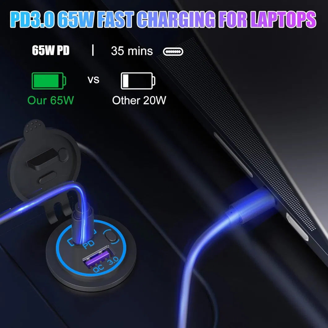 12V USB C Outlet 65W Pd3.0 Port and 18W Quick Charge 3.0 Car USB Charger Socket with Power Switch for Car Marine Boat Motorcycle RV