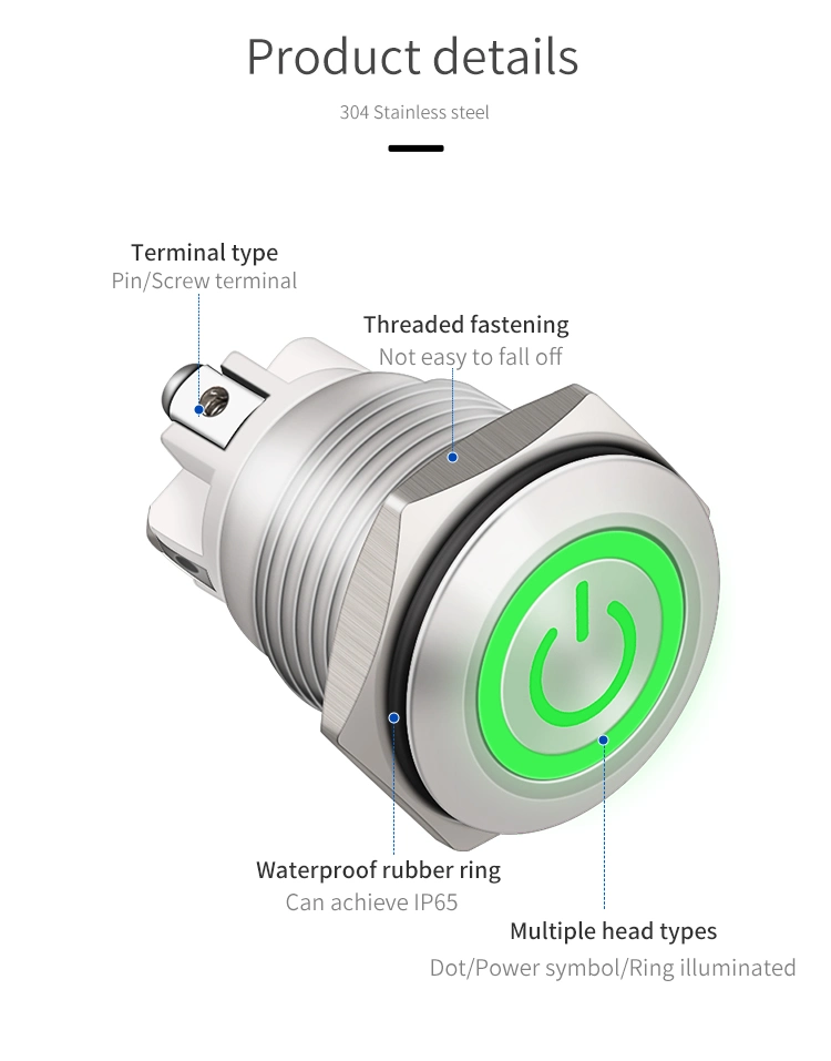 36V DC Momentary 1no 16mm Flat Head Metal Push Button Pin Terminal DOT Illuminated Switches