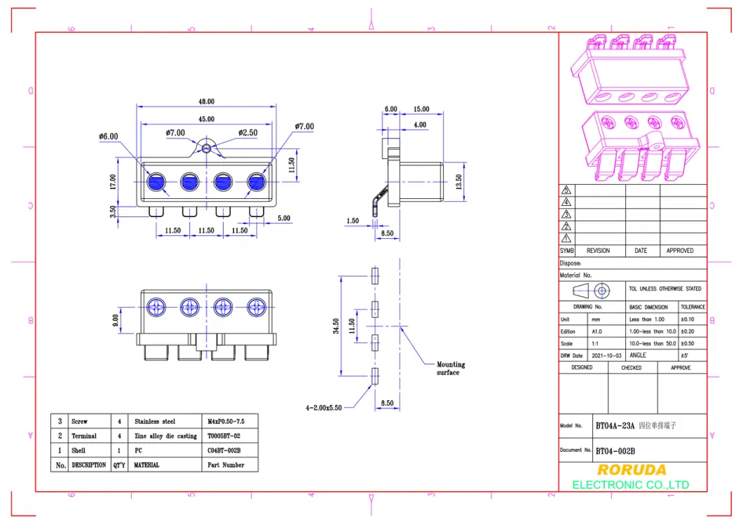 Bt4a-23A (BT04-002B) 4 Position Barrier Terminal Block