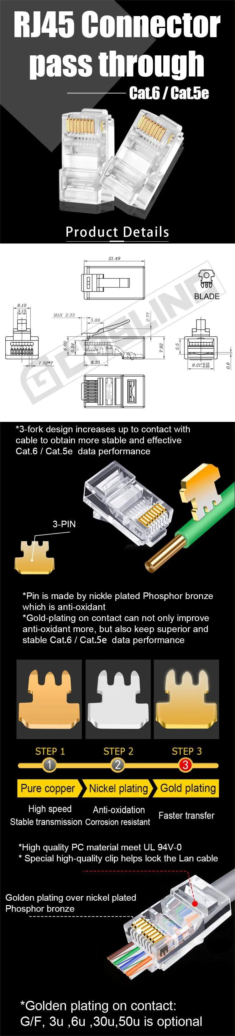 Gcabling Communication UTP RJ45 Connector Cat 6 5e Modular Plug 8p8c Ethernet Cat5e CAT6 Plug RJ45 Pass Through Connector