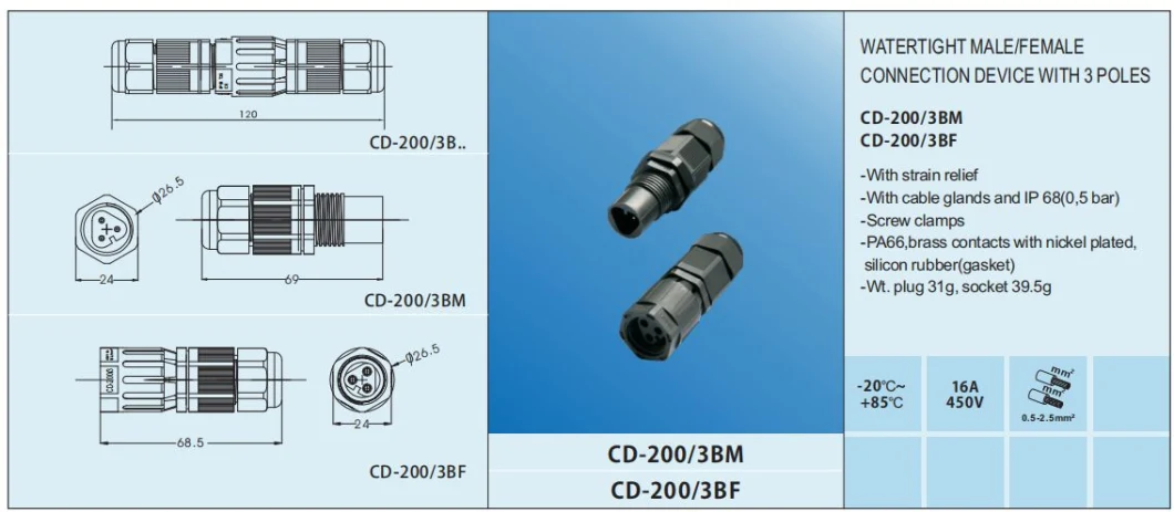 3 Ways Wire Connectors Female Connection Cable Female with Schuko Plug