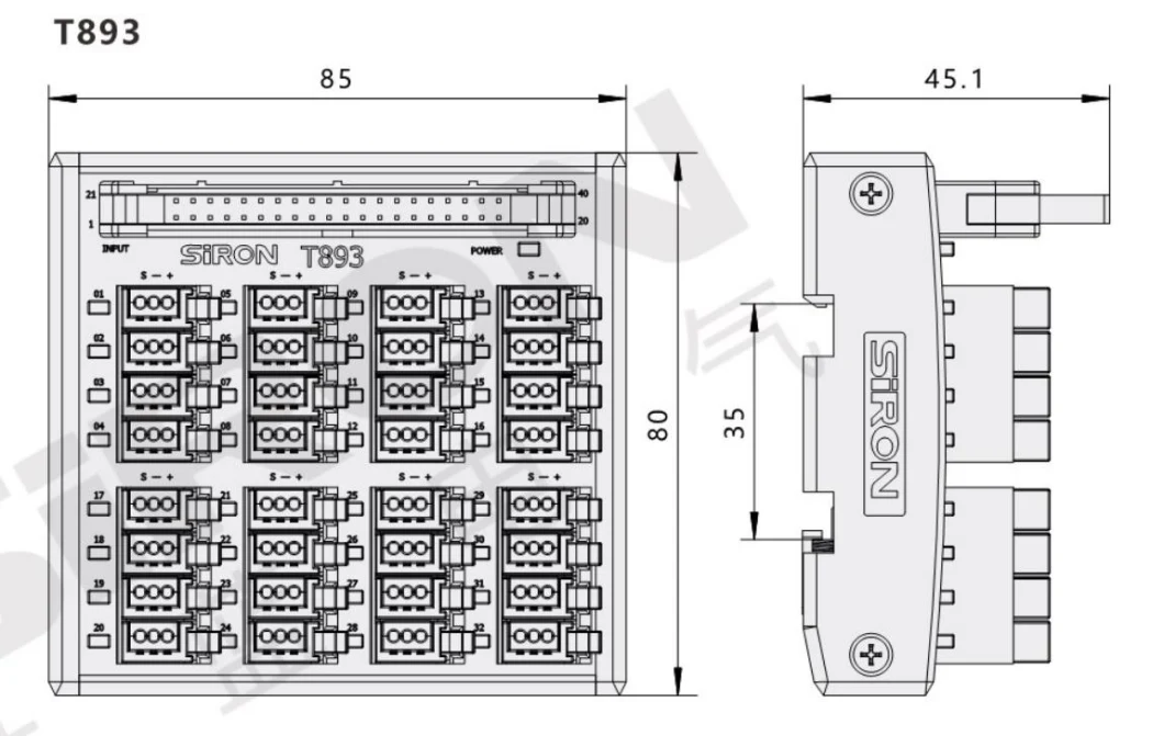 Siron T893 Applied in Automatic Machinery 32-Bit Input/Output Terminal Block E-Con Terminal Block I/O Wiring Connector with LED Light Suitable PLC