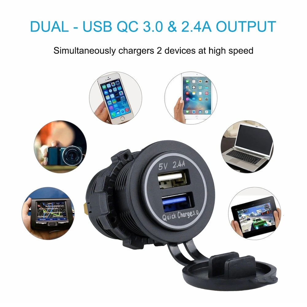 Dual USB Charger Socket Power Outlet Quick Charge 3.0 &amp; 2.4A Port for Car Boat Marine RV Mobile