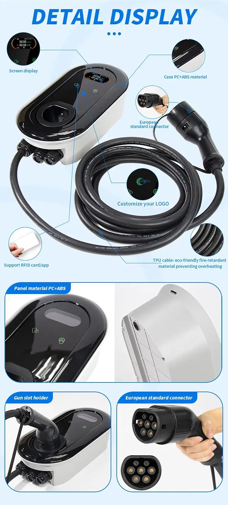 11kw Type 2 Wall-Mounted Home EV Charging Station Electric Car Charger Wall Connector RFID Bluetooth WiFi 4G APP