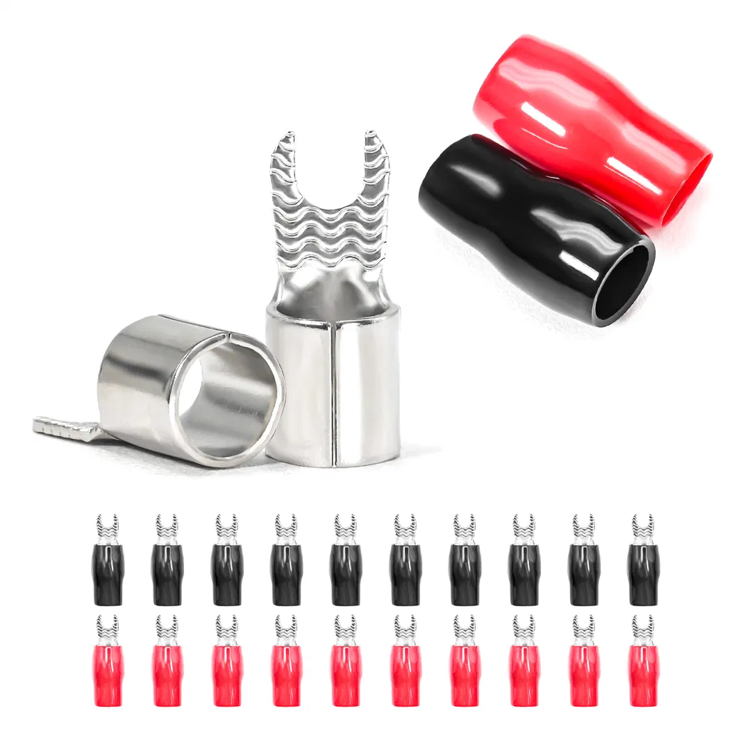 Edge St408-20 20PCS 4AWG Copper Spade Terminals, #8 Opening, Shiny Nickel Plated Crimp Ring Terminals with 20PCS Red &amp; Black Soft Boots