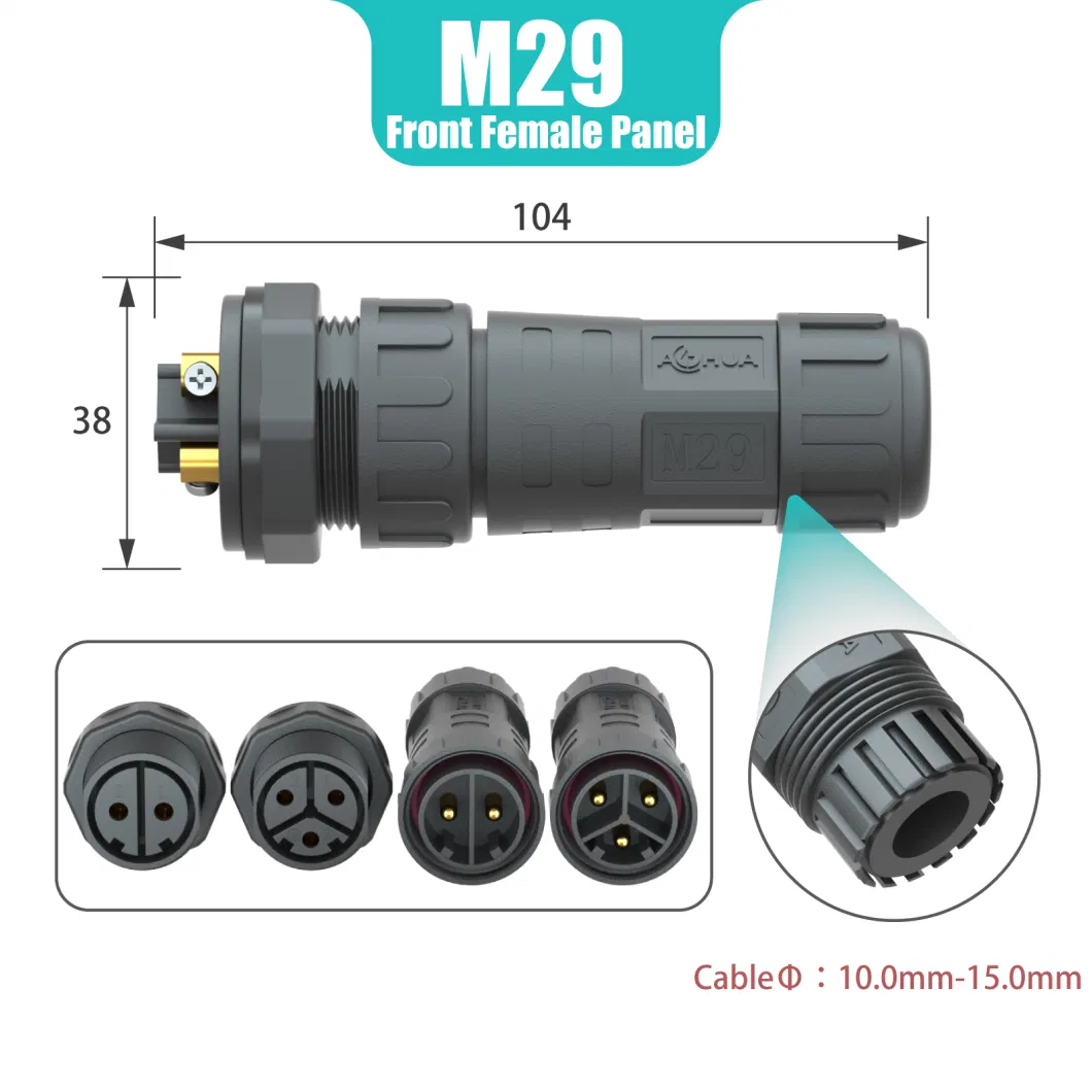 M29 3 Pin Female Panel Outdoor Electrical Light Wire IP68 Waterproof Connector