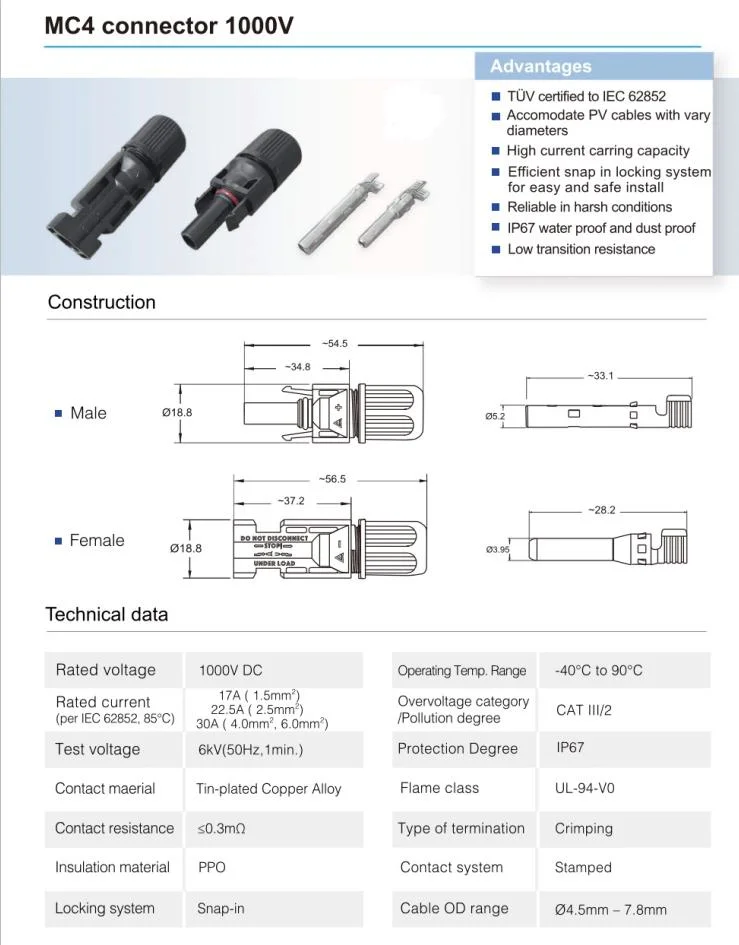 1500V Waterproof PV T-Type Photovoltaic Solar Cable Connector