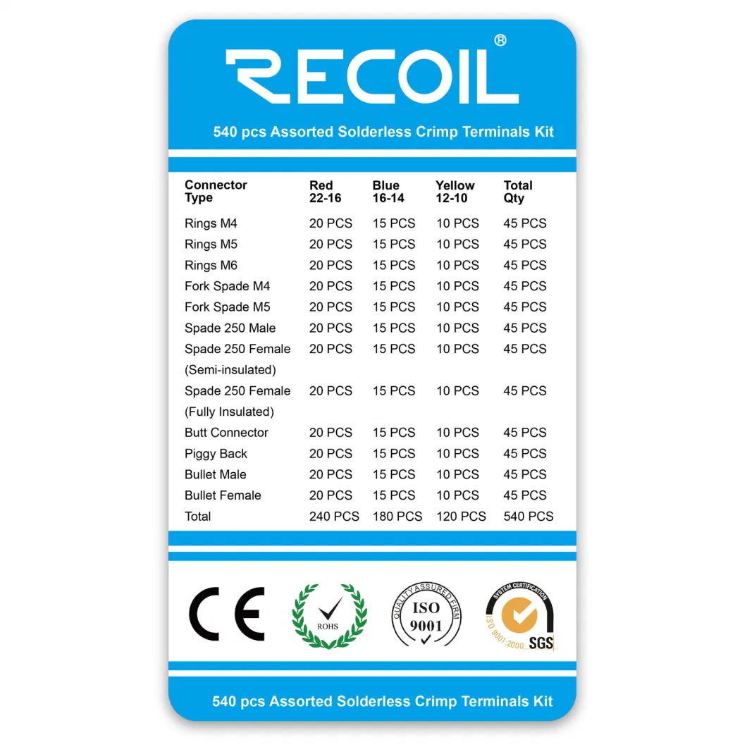 Edge Sctk540 540PCS Crimp Terminal Assortment Kits, 22-16/16-14/12-10gauge Mixed Insulated Electrical Automotive Solderless Wire Crimp Terminals