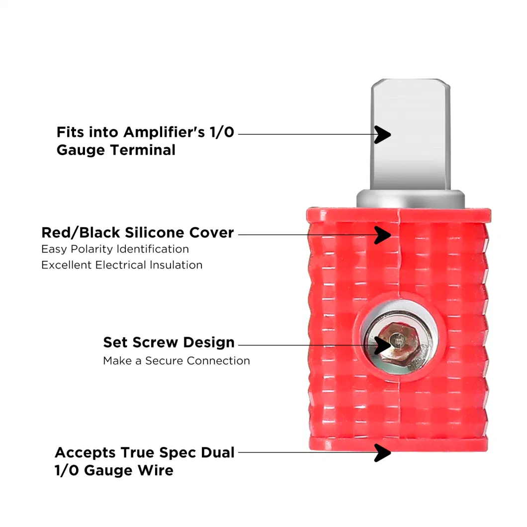 Wrd00 Amplifier Power/Ground Input Wire Gauge Reducer Brass Dual 1/0 Gauge to 1/0 Gauge with Red/Black Silicon Covers
