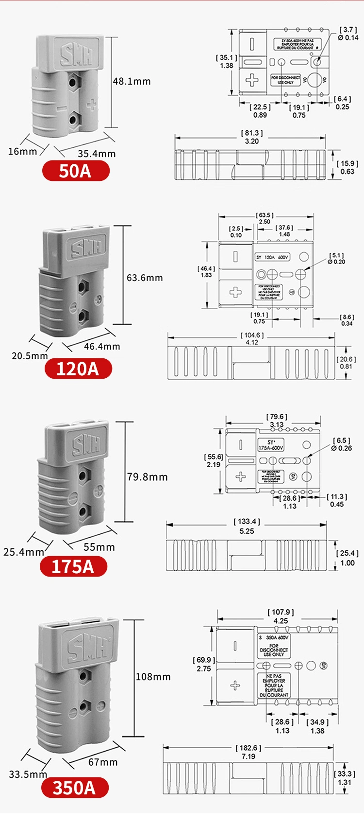 Smh Power Battery Plug Car 50A 600V Connector Smh50 Smh50A Sb50