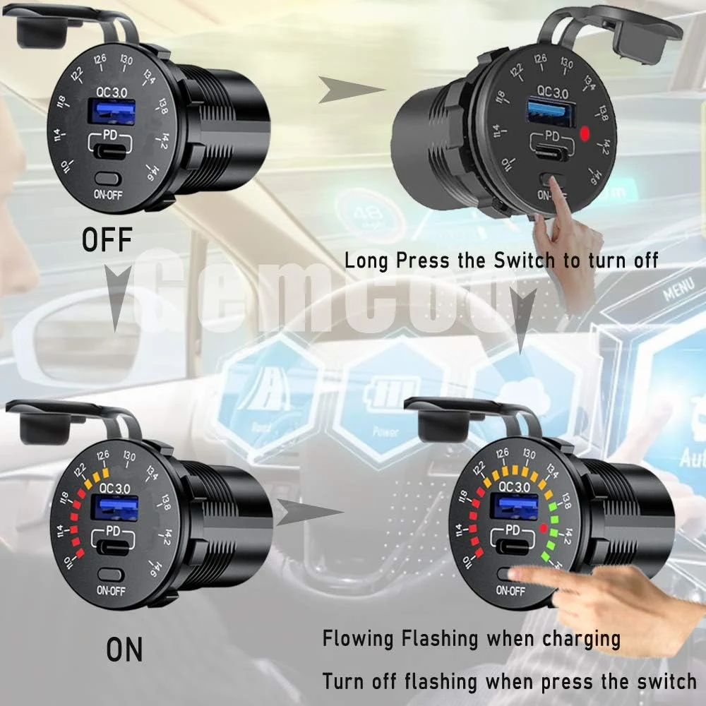 Pd Type C USB Car Charger Socket QC 3.0 Quick Charger with Switch and Voltmeter Waterproof 12V-24V for Motorcycle Marine RV ATV