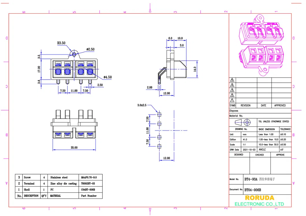 Bt4-93A (BT04-006B) 4 Position Barrier Terminal Blocks