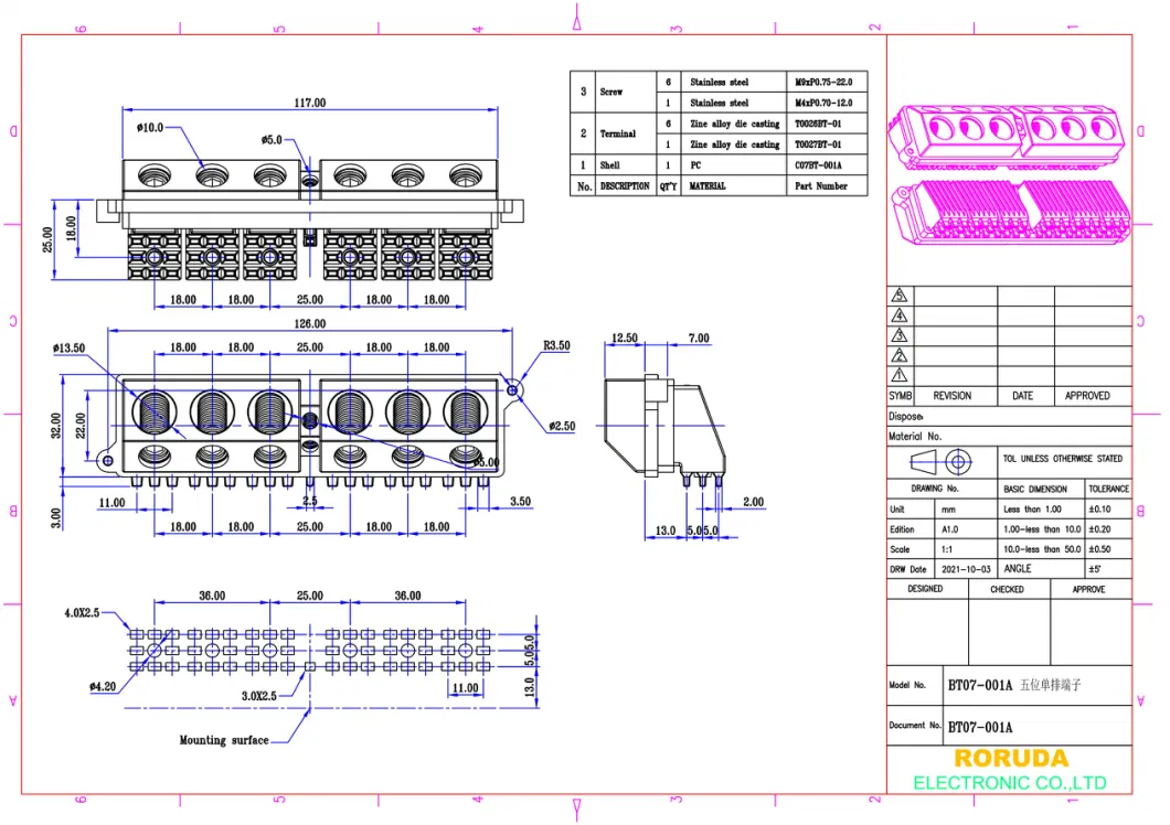 Bt07-001A 7 Position Barrier Terminal Block